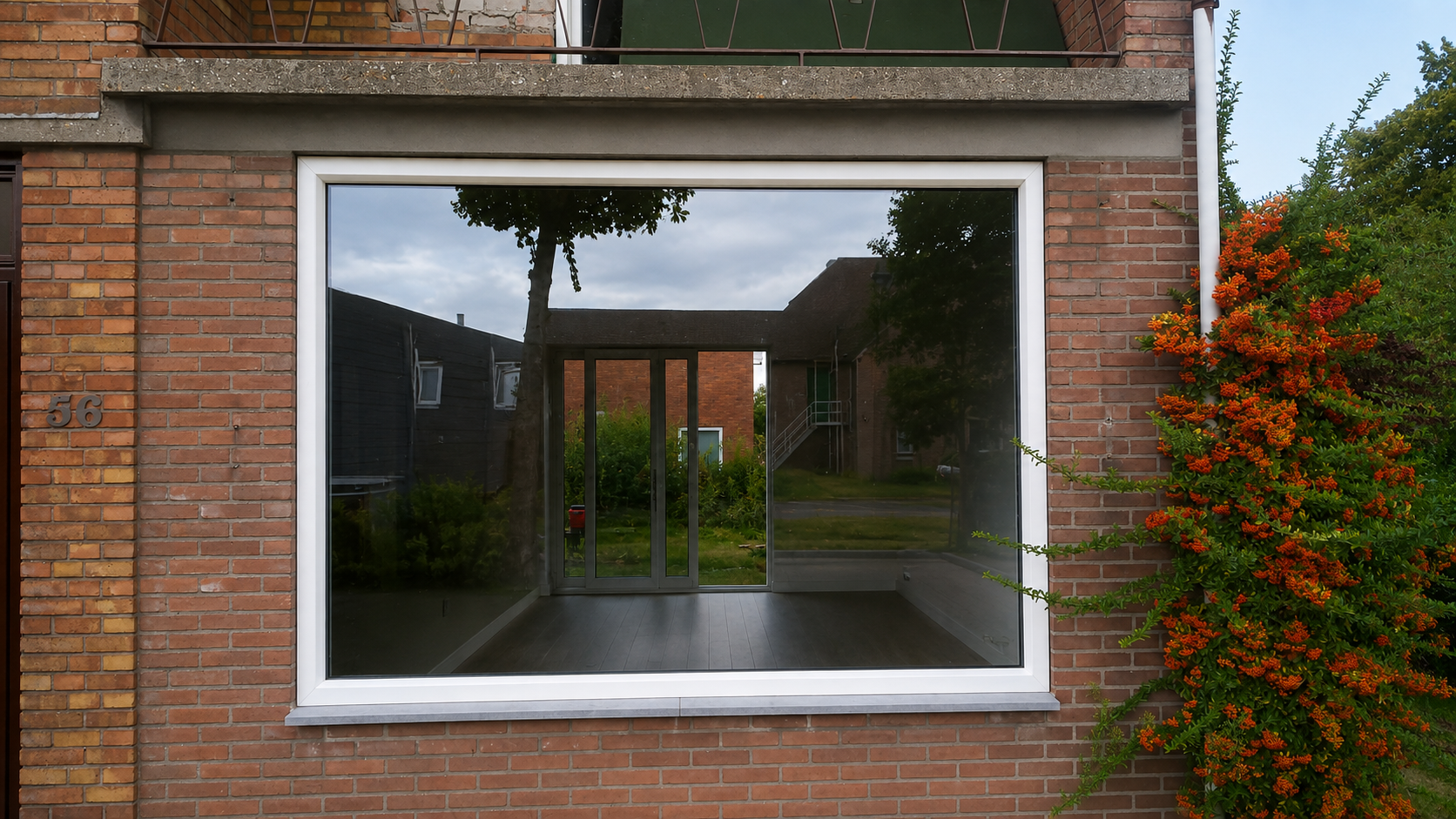 Kunststof kozijn met een grote glaspartij tijdens een renovatie